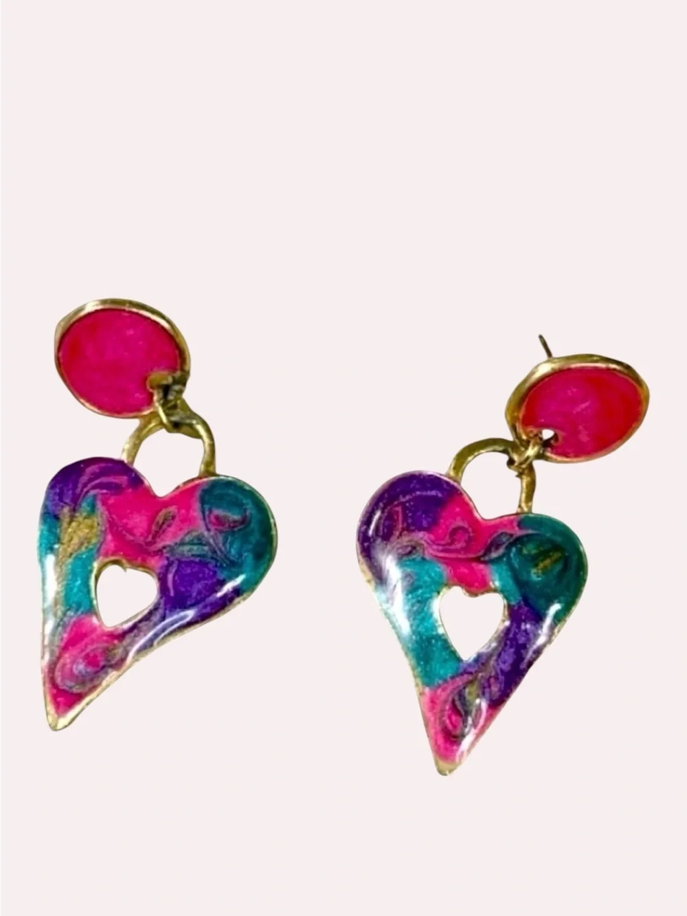 VTG Abstract Enamel Heart Drop Gold Tone Pink Purple Teal Statement Earrings